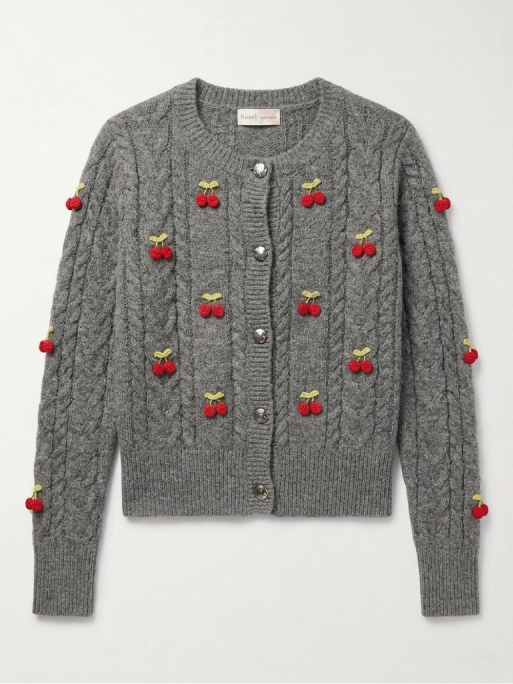 Hazel Moon - Knit Gray Cherry-Appliqué Cable Cardigan Sweater